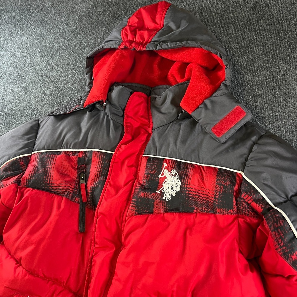 US Polo Assn Puffer Jacket Boys M 10\12 Red Black Hooded Fleece Lined Pony Logo